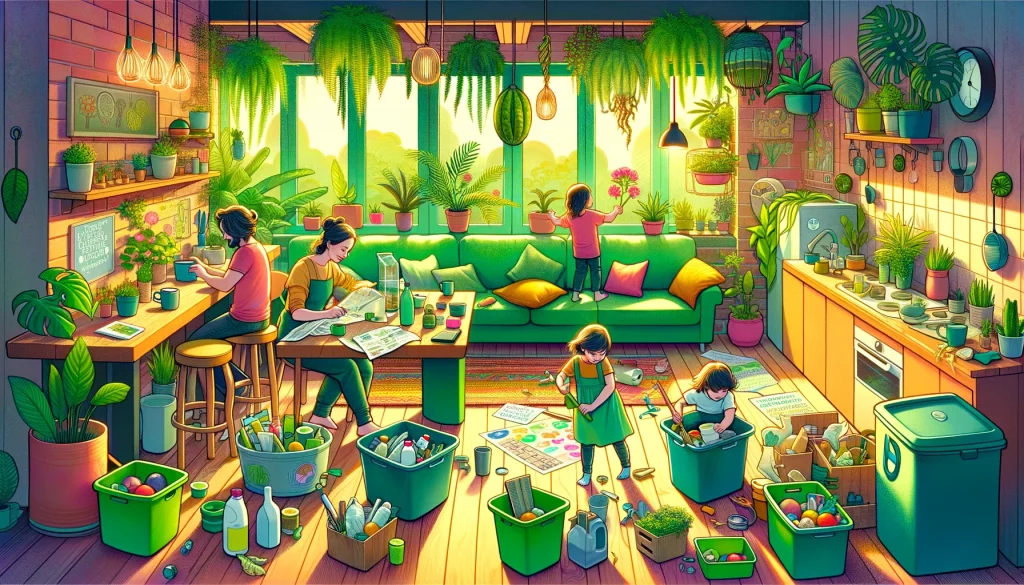 Eine Familie praktiziert Zero-Waste-Methoden in ihrem Zuhause, illustriert durch ein lebendiges Bild, das Freude und Positivität eines nachhaltigen Lebensstils vermittelt.