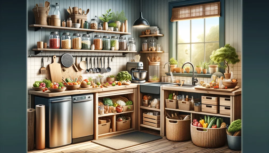 Illustration einer Zero-Waste-Küche, die nachhaltige Praktiken und umweltfreundliche Lösungen in einem ästhetisch gestalteten Raum zeigt, betont Minimalismus und die Nutzung natürlicher Materialien