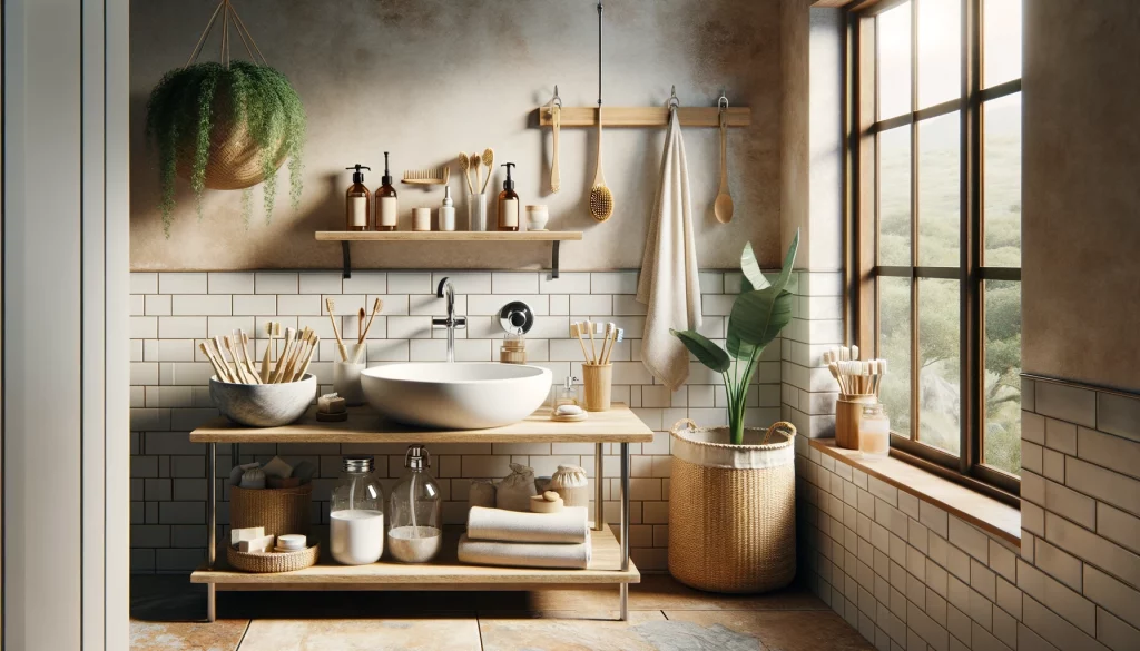 Eine ruhige und funktionale Zero-Waste-Badezimmerillustration, die nachhaltige Praktiken und umweltfreundliche Produkte hervorhebt. Dieses Bild vermittelt die Eleganz und Einfachheit, Zero-Waste-Lösungen in tägliche Routinen zu integrieren