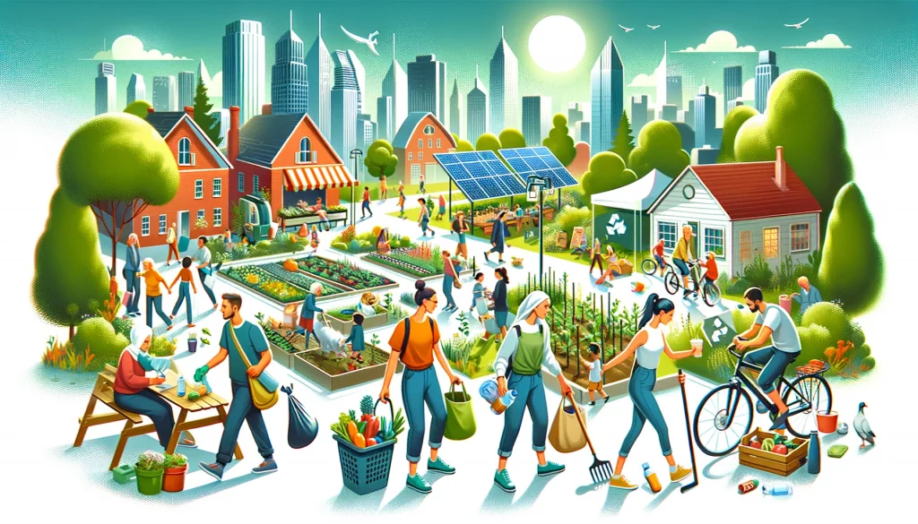 Eine dynamische und ansprechende Illustration, die einen Zero-Waste-Lebensstil im Alltag zeigt. Dargestellt sind Personen, die in einem städtischen Umfeld an nachhaltigen Aktivitäten teilnehmen