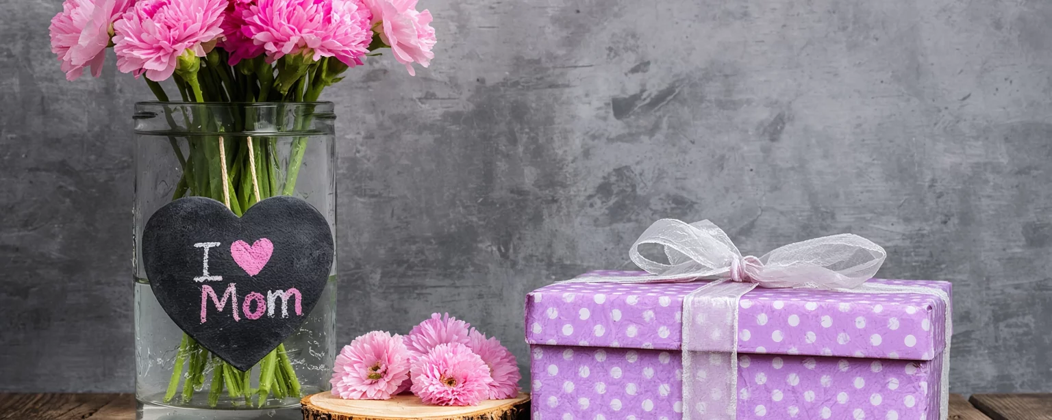 Blumenstrauß und Geschenkbox zum Muttertag mit Herzanhänger „I love Mom“
