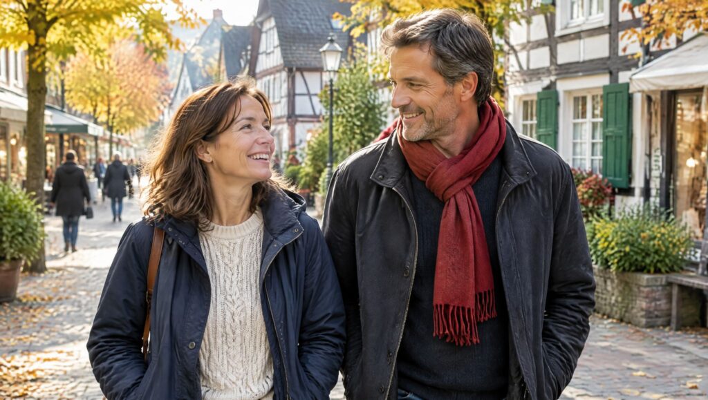 Paar in Herbstmode in der Fußgängerzone von Bergisch Gladbach