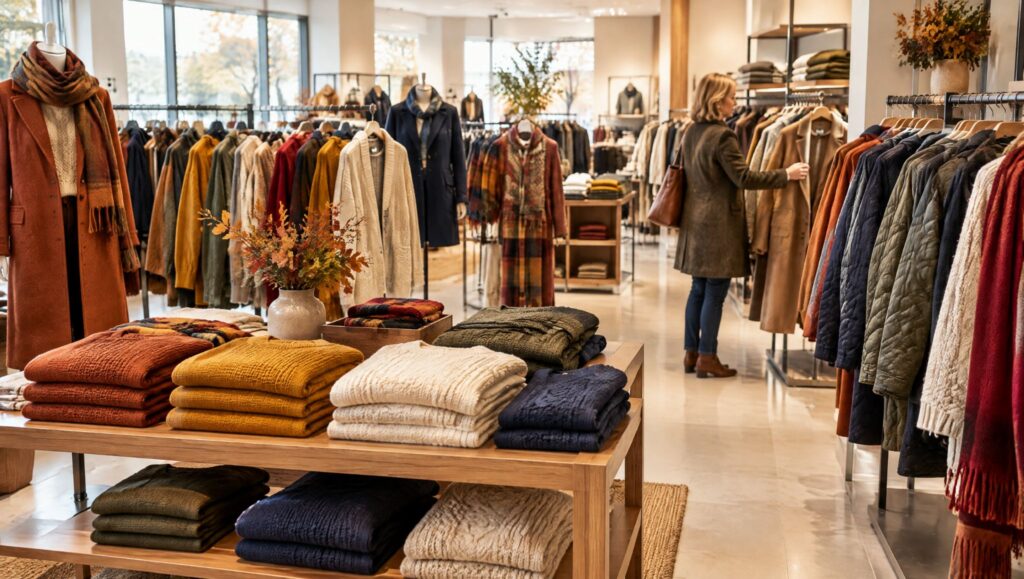 Herbstmode in Bergisch Gladbach: Mäntel, Strickpullover und Schals in herbstlichen Farben