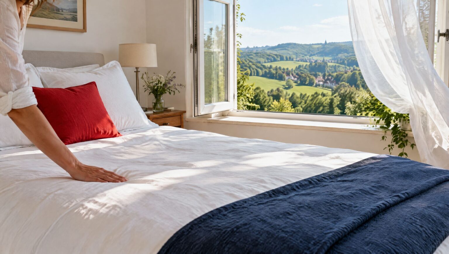 Helles Schlafzimmer mit leichter Sommer-Bettwäsche und Blick ins Bergische Land