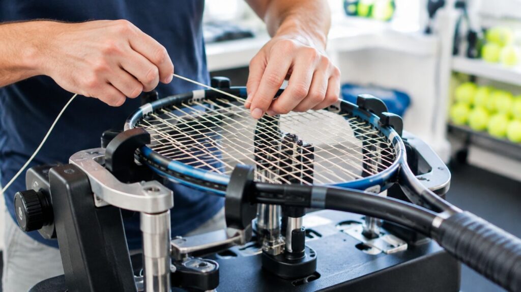 Sportausrüstung prüfen: Tennisschläger wird in der Werkstatt neu bespannt