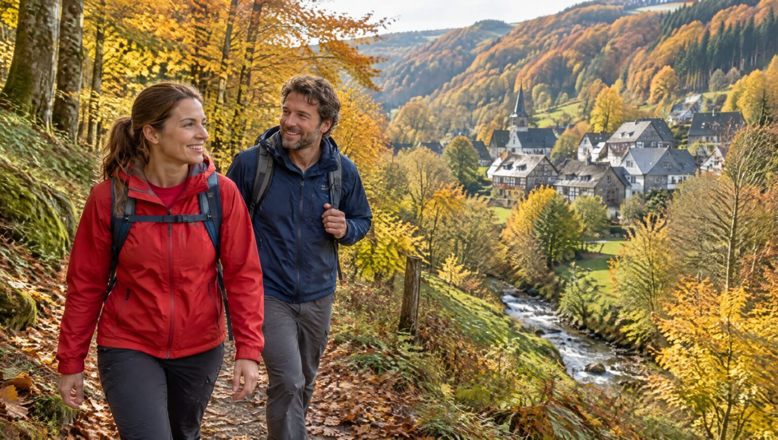 Paar beim Wandern im herbstlichen Bergischen Land